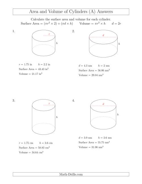 The Calculating Surface Area and Volume of Cylinders with Small Numbers (A) Math Worksheet Page 2