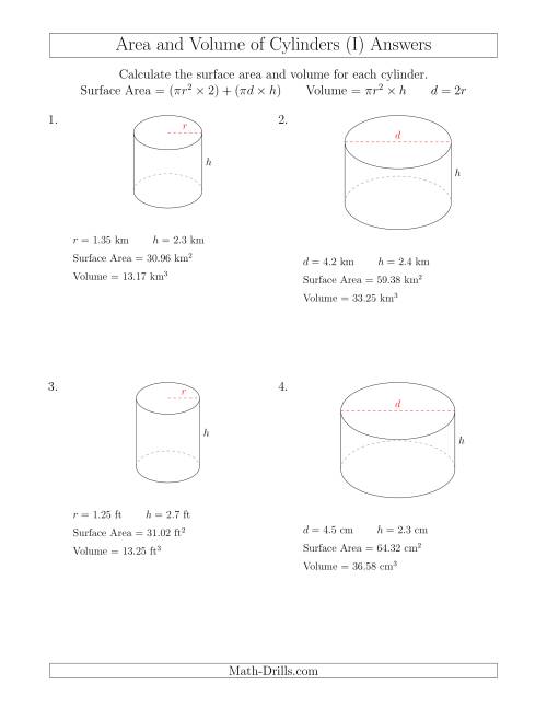 The Calculating Surface Area and Volume of Cylinders with Small Numbers (I) Math Worksheet Page 2