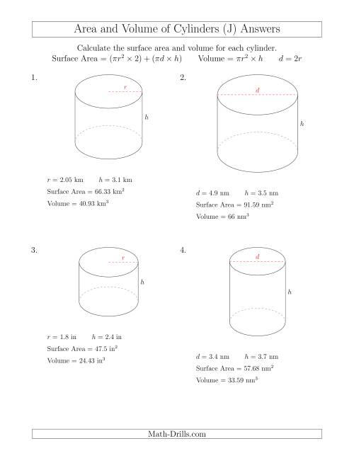The Calculating Surface Area and Volume of Cylinders with Small Numbers (J) Math Worksheet Page 2