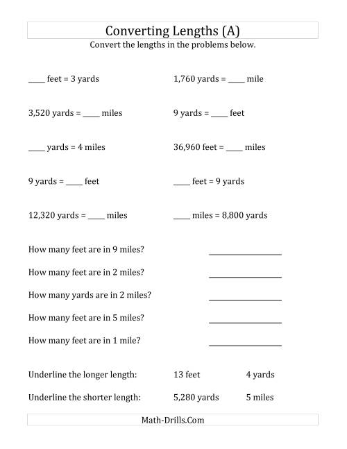 The Converting Between U.S. Feet, Yards and Miles (A) Math Worksheet