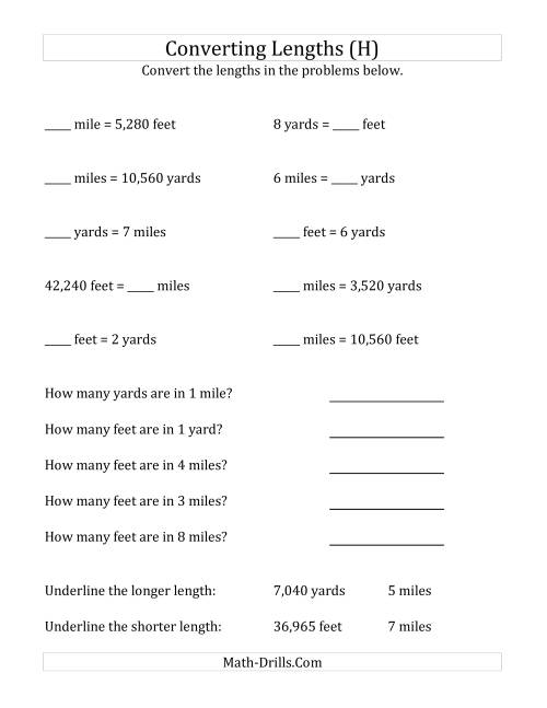 The Converting Between U.S. Feet, Yards and Miles (H) Math Worksheet