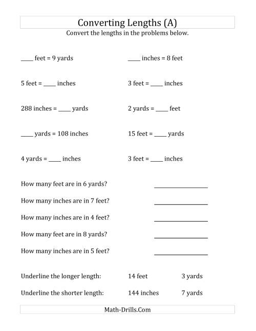 The Converting Between U.S. Inches, Feet and Yards (All) Math Worksheet