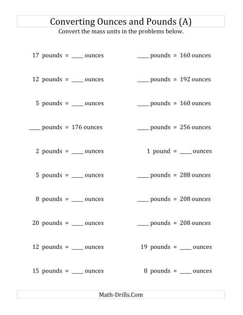The Convert Between Ounces and Pounds (A) Math Worksheet