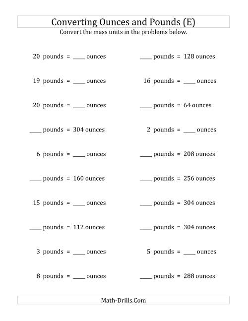 The Convert Between Ounces and Pounds (E) Math Worksheet