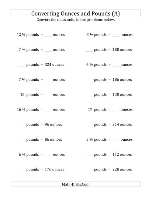 The Convert Between Ounces and Pounds with Fractional Amounts (A) Math Worksheet