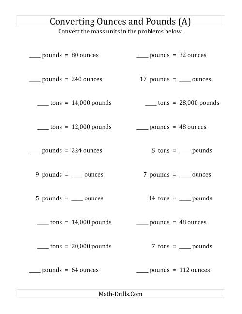 The Convert Between Ounces, Pounds and Tons (A) Math Worksheet