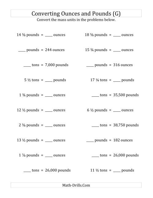 The Convert Between Ounces, Pounds and Tons with Fractional Amounts (G) Math Worksheet