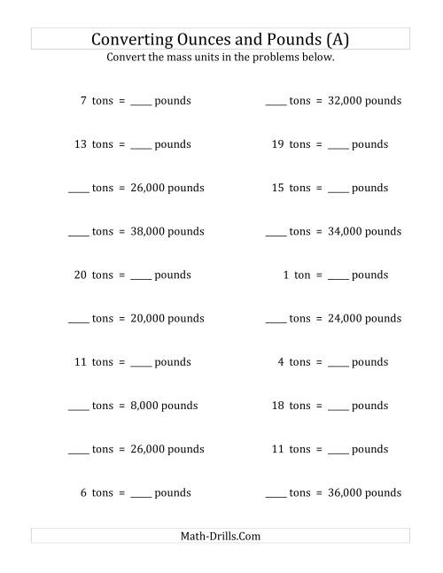 The Convert Between Pounds and Tons (A) Math Worksheet