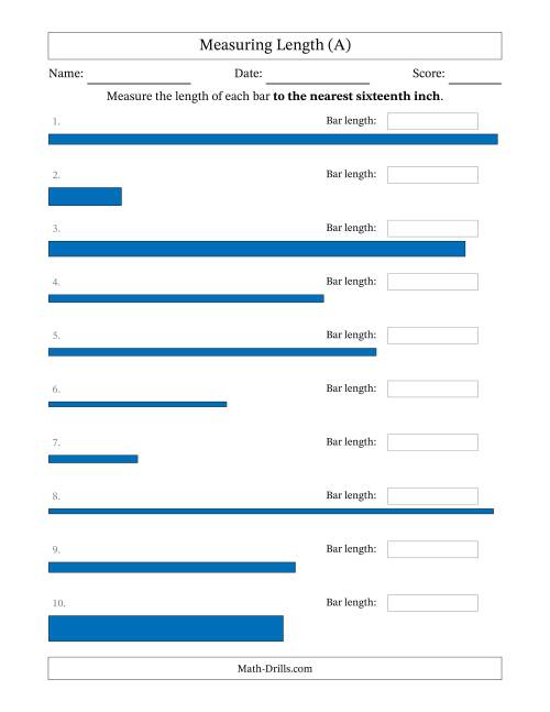 The Measuring Length of Bars to the Nearest Sixteenth Inch (A) Math Worksheet