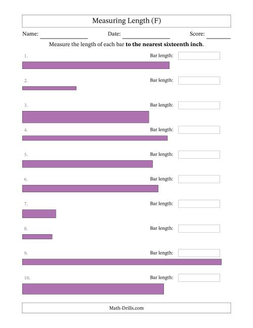 The Measuring Length of Bars to the Nearest Sixteenth Inch (F) Math Worksheet