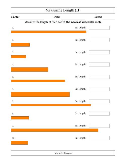 The Measuring Length of Bars to the Nearest Sixteenth Inch (H) Math Worksheet