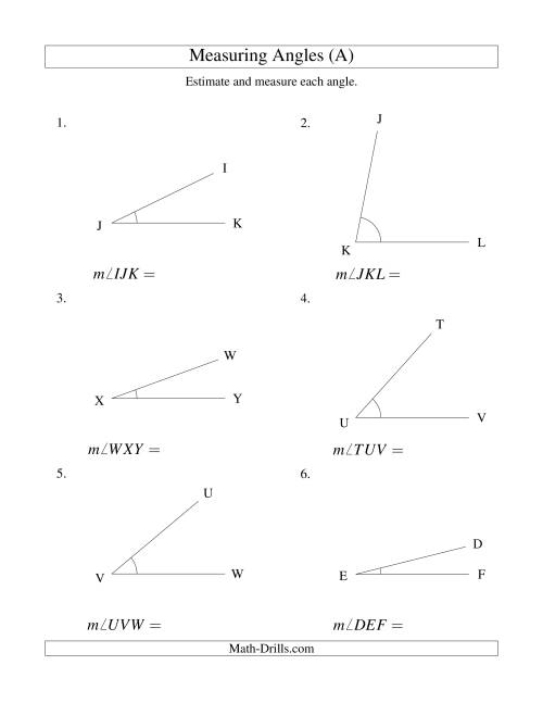 The Measuring Angles Between 5° and 90° (A) Math Worksheet