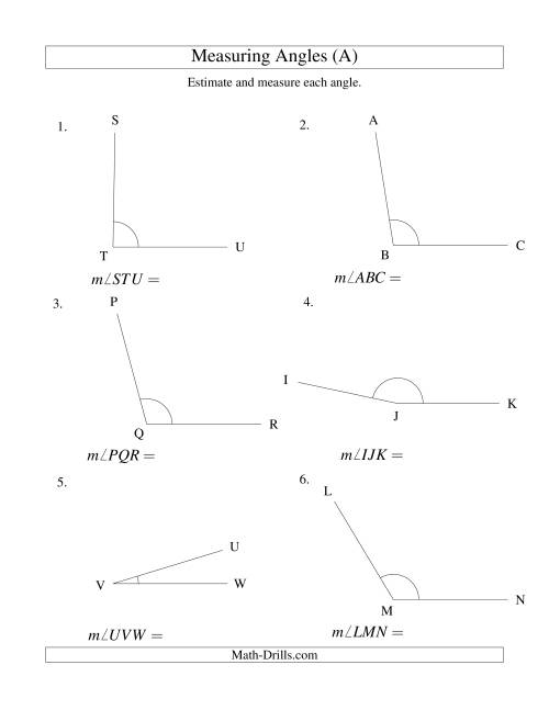 The Measuring Angles Between 5° and 175° (A) Math Worksheet