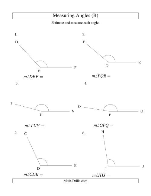 The Measuring Angles Between 90° and 175° (B) Math Worksheet