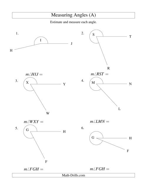 The Measuring Angles Between 185° and 355° (A) Math Worksheet