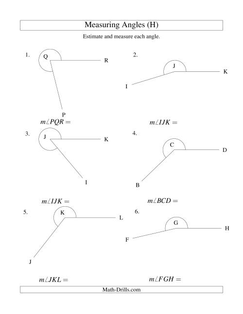 The Measuring Angles Between 185° and 355° (H) Math Worksheet