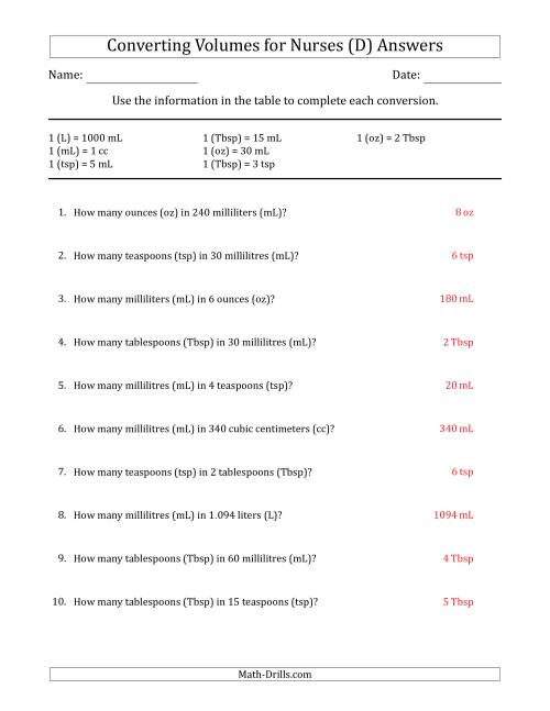The Converting Volumes for Nurses (D) Math Worksheet Page 2