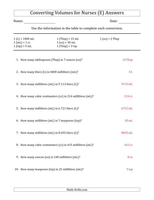 The Converting Volumes for Nurses (E) Math Worksheet Page 2