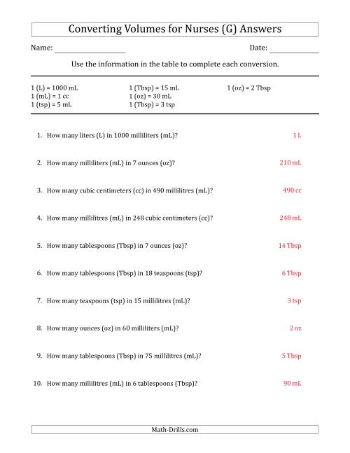 The Converting Volumes for Nurses (G) Math Worksheet Page 2