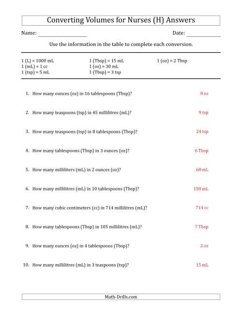 The Converting Volumes for Nurses (H) Math Worksheet Page 2