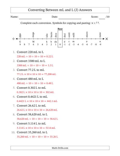 The Converting Between Milliliters and Liters (J) Math Worksheet Page 2