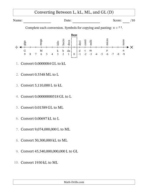 The Converting Between Liters, Kiloliters, Megaliters and Gigaliters (D) Math Worksheet