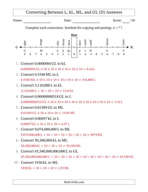 The Converting Between Liters, Kiloliters, Megaliters and Gigaliters (D) Math Worksheet Page 2