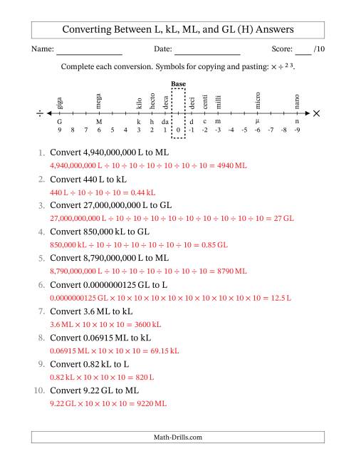 The Converting Between Liters, Kiloliters, Megaliters and Gigaliters (H) Math Worksheet Page 2