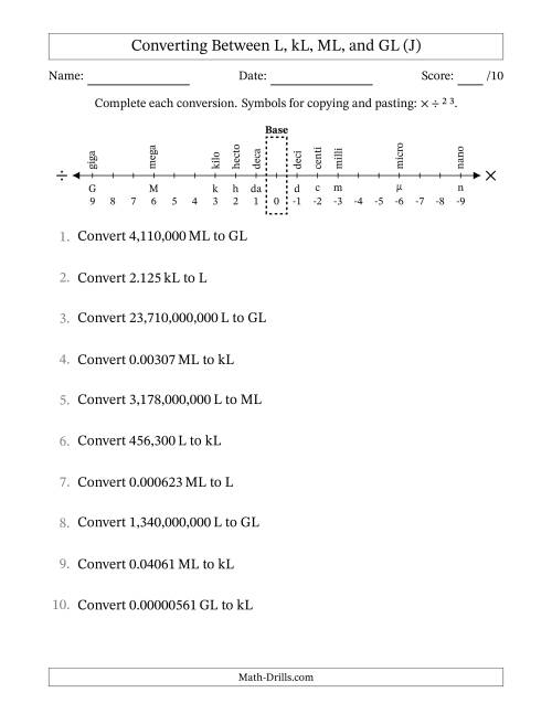The Converting Between Liters, Kiloliters, Megaliters and Gigaliters (J) Math Worksheet
