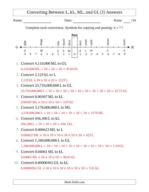 The Converting Between Liters, Kiloliters, Megaliters and Gigaliters (J) Math Worksheet Page 2