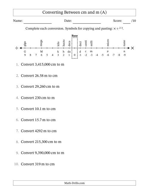 The Converting Between Centimeters and Meters (A) Math Worksheet
