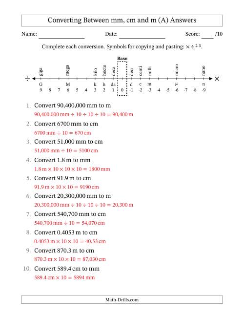 The Converting Between Millimeters, Centimeters and Meters (A) Math Worksheet Page 2