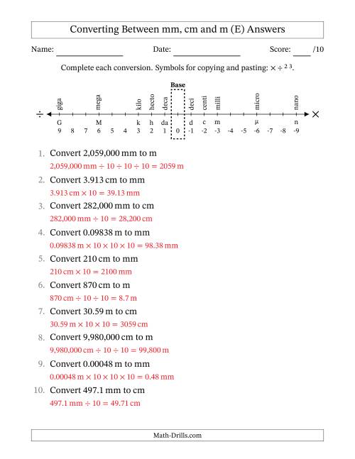 The Converting Between Millimeters, Centimeters and Meters (E) Math Worksheet Page 2
