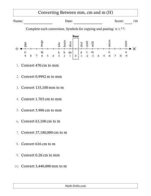The Converting Between Millimeters, Centimeters and Meters (H) Math Worksheet