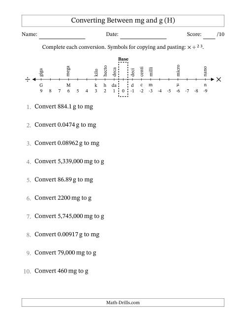 The Converting Between Milligrams and Grams (H) Math Worksheet