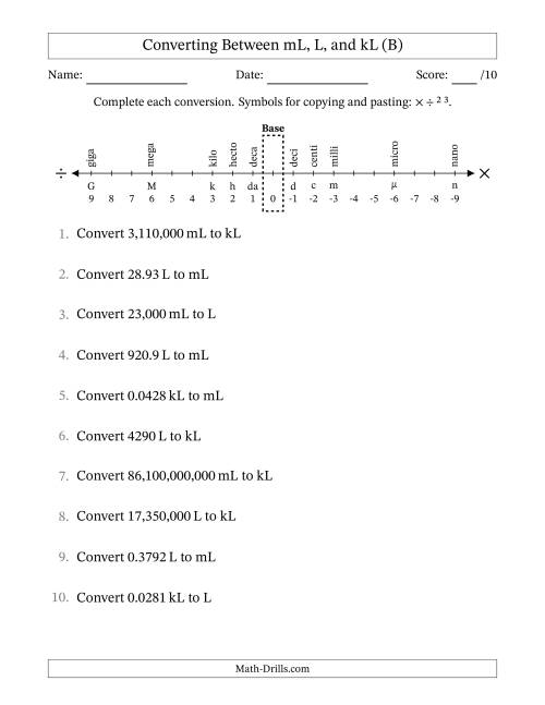 The Converting Between Milliliters, Liters, and Kiloliters (B) Math Worksheet