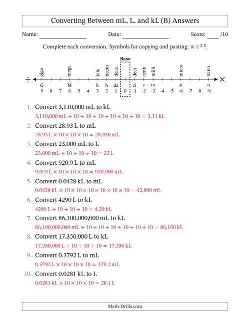 The Converting Between Milliliters, Liters, and Kiloliters (B) Math Worksheet Page 2