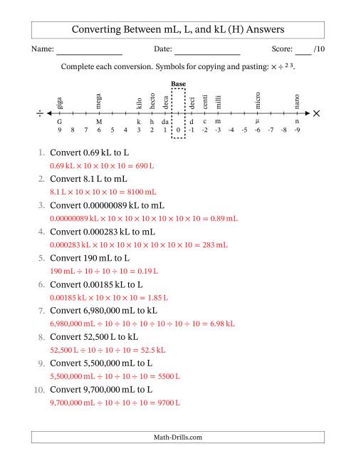 The Converting Between Milliliters, Liters, and Kiloliters (H) Math Worksheet Page 2
