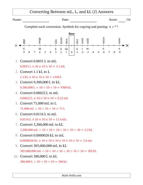 The Converting Between Milliliters, Liters, and Kiloliters (J) Math Worksheet Page 2