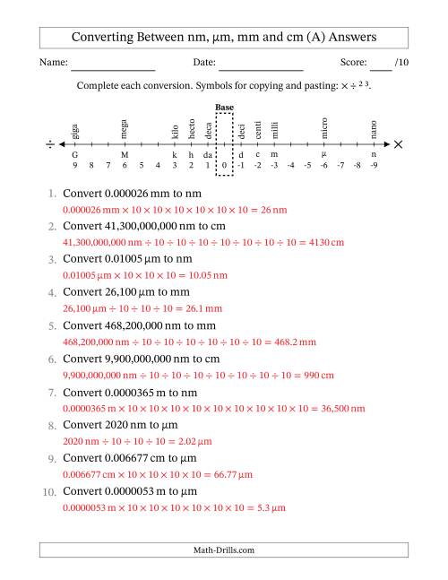 The Converting Between Nanometers, Micrometers, Millimeters and Centimeters (A) Math Worksheet Page 2