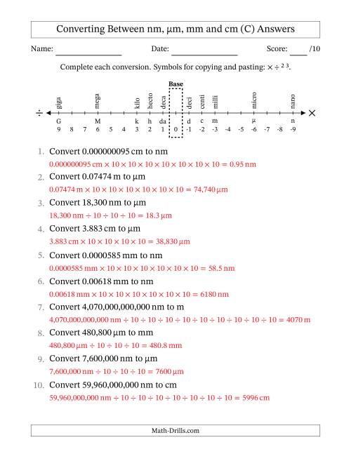The Converting Between Nanometers, Micrometers, Millimeters and Centimeters (C) Math Worksheet Page 2