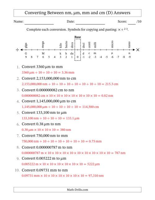 The Converting Between Nanometers, Micrometers, Millimeters and Centimeters (D) Math Worksheet Page 2