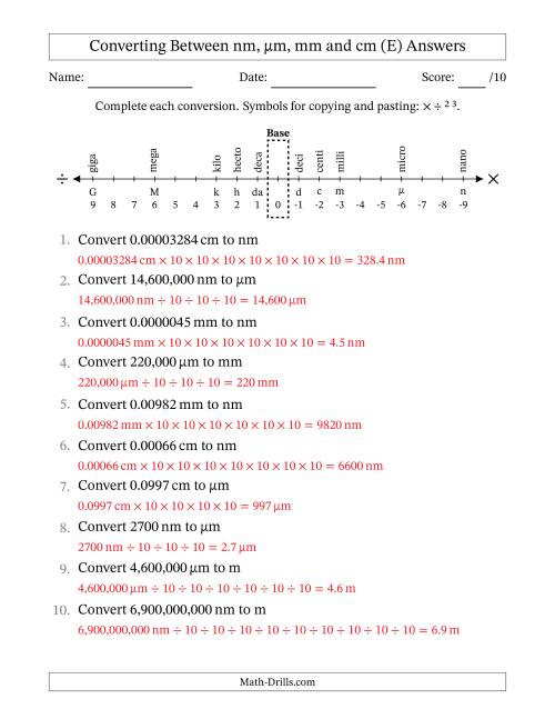 The Converting Between Nanometers, Micrometers, Millimeters and Centimeters (E) Math Worksheet Page 2