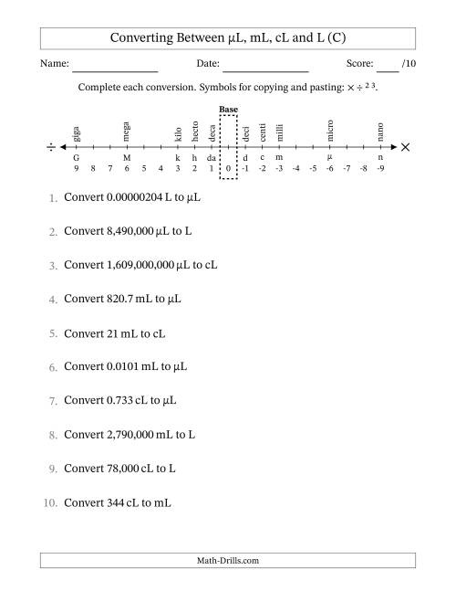 The Converting Between Microliters, Milliliters, Centiliters and Liters (C) Math Worksheet