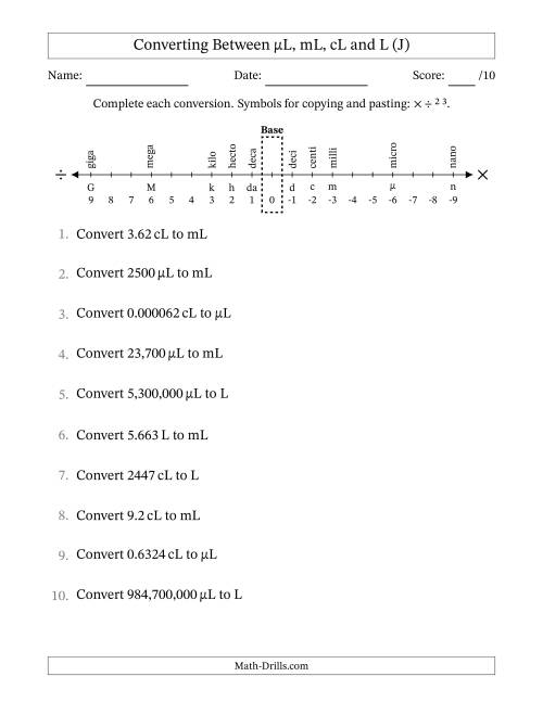 The Converting Between Microliters, Milliliters, Centiliters and Liters (J) Math Worksheet