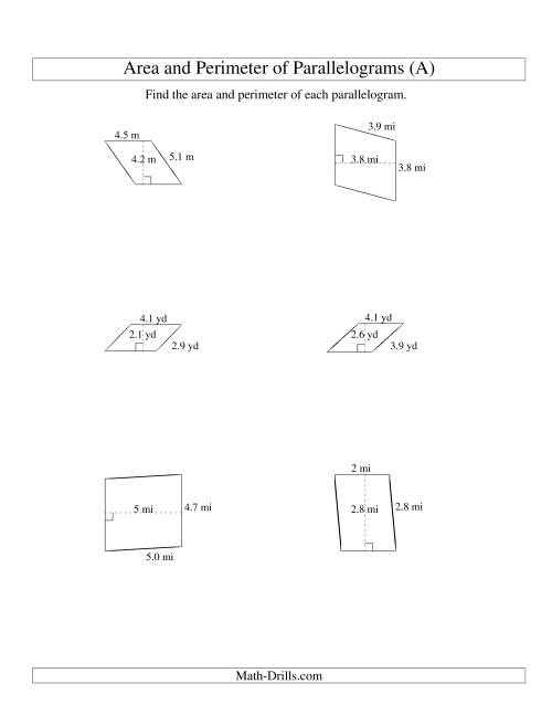 The Area and Perimeter of Parallelograms (up to 1 decimal place; range 1-5) (A) Math Worksheet