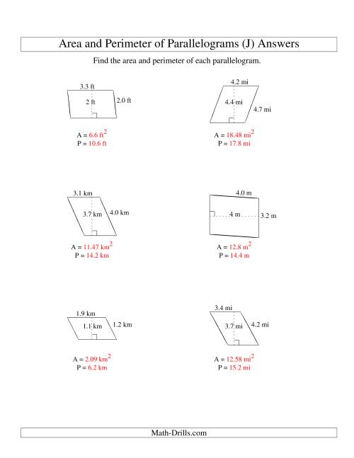 The Area and Perimeter of Parallelograms (up to 1 decimal place; range 1-5) (J) Math Worksheet Page 2