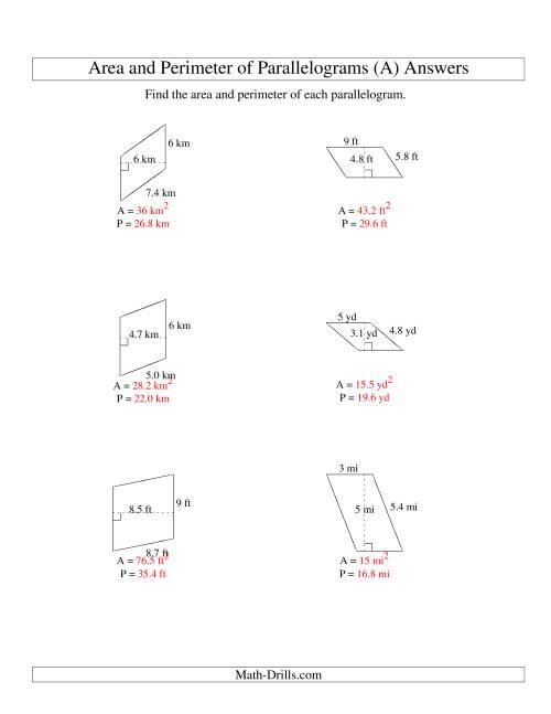 The Area and Perimeter of Parallelograms (whole number base; range 1-9) (A) Math Worksheet Page 2