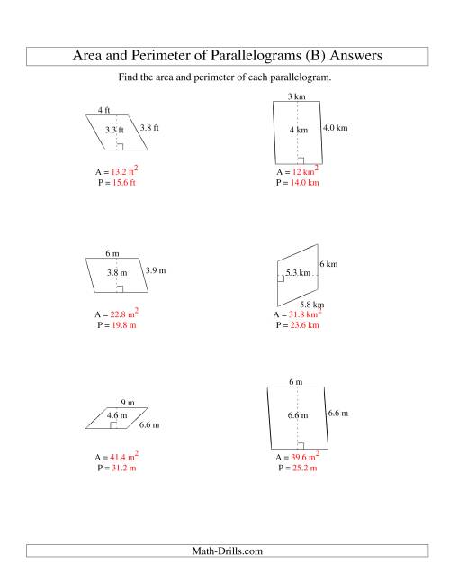 Area and Perimeter of Parallelograms (whole number base; range 1-9) (B)