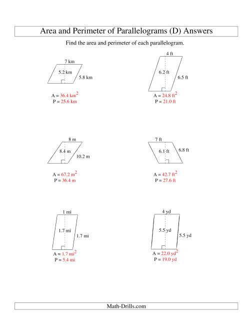 The Area and Perimeter of Parallelograms (whole number base; range 1-9) (D) Math Worksheet Page 2
